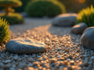 allée de jardin avec granulat blanc de décoration